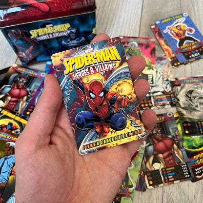 Spider-Man Heroes &amp; Villains 2008 Card Set includes a random amount of foil and standard cards, stored in a collectible metal box. Originally sold with the Spider-Man Heroes &amp; Villains Collection magazine, these cards can be collected or used to play multiple official games.