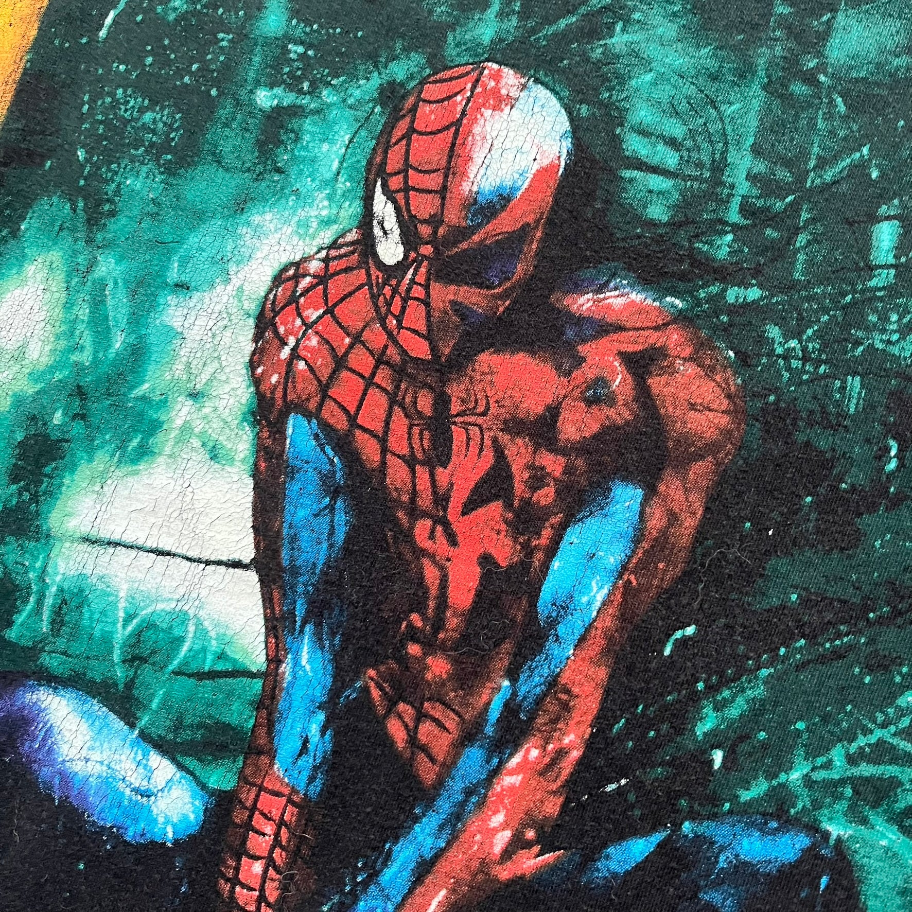 Spider-Man Marvel Timestorm 2009–2099 Tee is a black T-shirt featuring the Timestorm 2009–2099 cover graphic. The print shows Spider-Man half in his classic design and half in the 2099 version, sitting with a blurred green city background. Made by Marvel Mad Engine, the shirt highlights the multiversal crossover design.