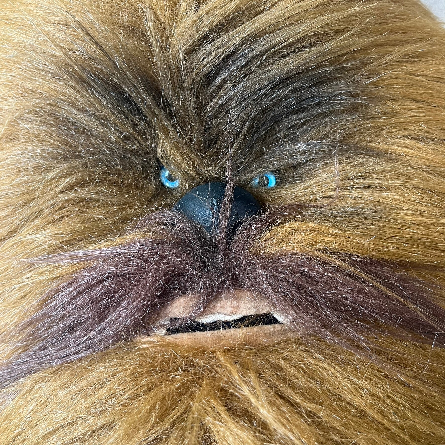 Star Wars 1990s Chewbacca Head Backpack is a novelty bag designed in the shape of Chewbacca’s head. The exterior features a furry construction with plastic eyes and a leather-like nose and mouth. It includes an adjustable shoulder straps, a single main compartment and a red Star Wars licensed tag.