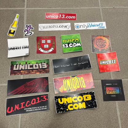 único13 Sticker Pack includes 10 random stickers selected from 17 available designs, with no repeats. The stickers were designed by us and each features a customized único13 logo matching the design.

Available designs include Casio Screen, Star Wars, D.A.R.E., Indian Motorcycle, Invincible, LEGO, Spider-Man, Minecraft, Burger King, Ben 10, Harvard, I AM MUSIC, OnlyFans, Chrome Hearts, Supreme, Único13 Logo, and Corona.

Made from Polyethylene Terephthalate and suitable for indoor and outdoor use. These sti