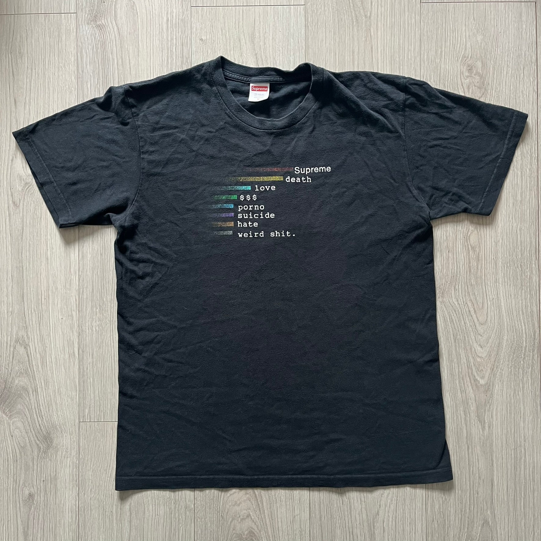 Supreme Chart SS18 Black Tee released on February 15, 2018, as part of the Spring/Summer 2018 collection. Made from 100% cotton, it features a multicolored horizontal bar graph on the front ranking “Supreme” above various themes like death, love, and money.