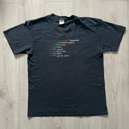 Supreme Chart SS18 Black Tee released on February 15, 2018, as part of the Spring/Summer 2018 collection. Made from 100% cotton, it features a multicolored horizontal bar graph on the front ranking “Supreme” above various themes like death, love, and money.
