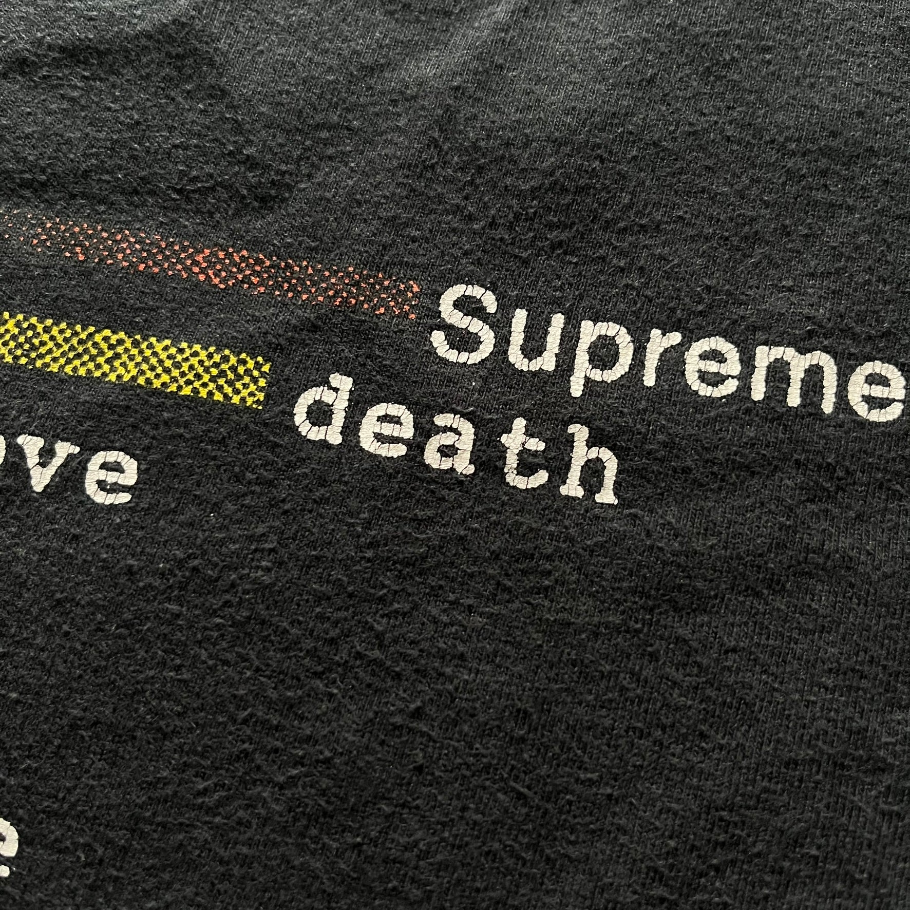 Supreme Chart SS18 Black Tee released on February 15, 2018, as part of the Spring/Summer 2018 collection. Made from 100% cotton, it features a multicolored horizontal bar graph on the front ranking “Supreme” above various themes like death, love, and money.