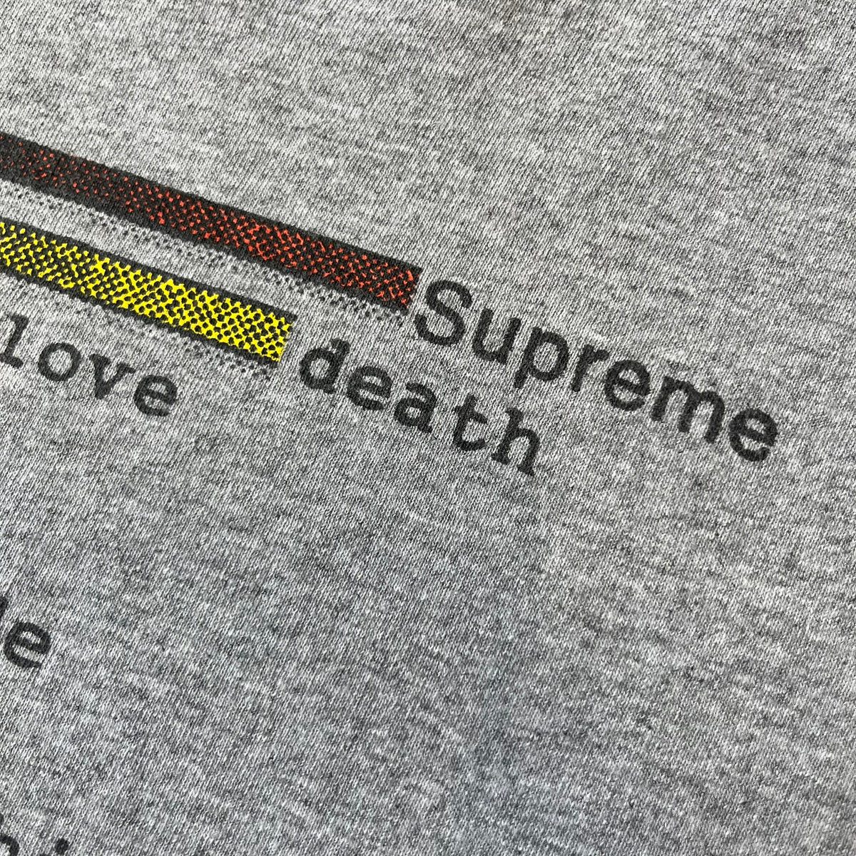 Supreme Chart SS18 Gray Tee released on February 15, 2018, as part of the Spring/Summer 2018 collection. Made from 90% cotton and 10% polyester, it features a multicolored horizontal bar graph on the front ranking “Supreme” above various themes like death, love, and money.