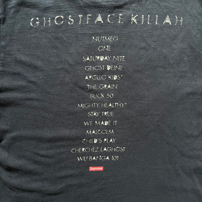 Supreme Clientele FW20 Navy Tee released in October 2020 as part of Supreme’s Fall/Winter 2020 collection. This cotton tee pays tribute to Ghostface Killah’s 2000 album Supreme Clientele, featuring the album’s iconic title graphic on the front and full tracklist on the back. A standout Supreme graphic tee that merges streetwear with hip-hop history.