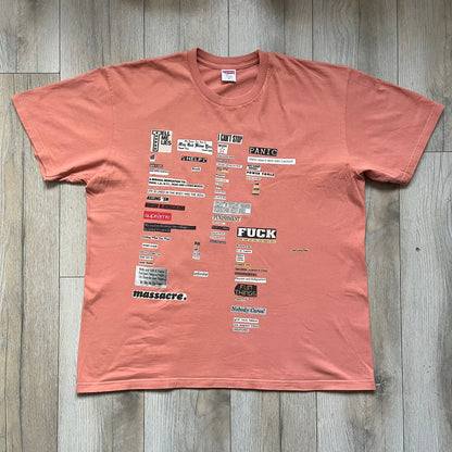 Supreme Cutouts FW18 Terra Cotta Tee is a terra-cotta colored T-shirt released on August 20, 2018, for the FW18 season. Made from 100% cotton, the front features a multicolor print composed of multiple cutouts of words and sentences. The design covers the front middle area of the shirt.