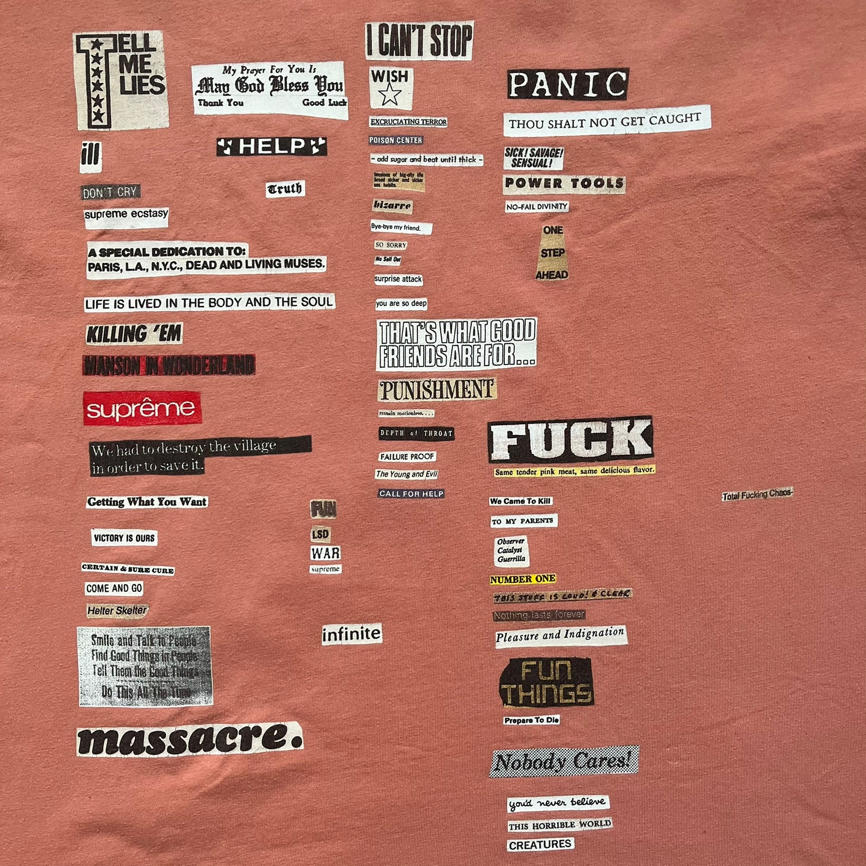 Supreme Cutouts FW18 Terra Cotta Tee is a terra-cotta colored T-shirt released on August 20, 2018, for the FW18 season. Made from 100% cotton, the front features a multicolor print composed of multiple cutouts of words and sentences. The design covers the front middle area of the shirt.