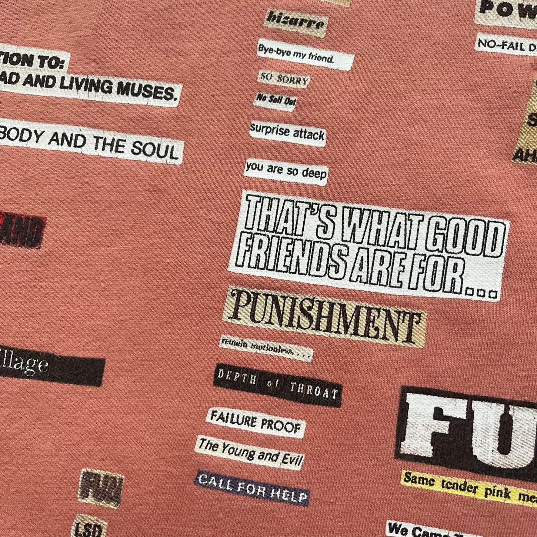 Supreme Cutouts FW18 Terra Cotta Tee is a terra-cotta colored T-shirt released on August 20, 2018, for the FW18 season. Made from 100% cotton, the front features a multicolor print composed of multiple cutouts of words and sentences. The design covers the front middle area of the shirt.