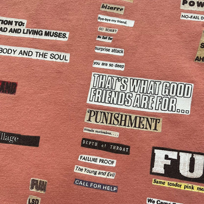 Supreme Cutouts FW18 Terra Cotta Tee is a terra-cotta colored T-shirt released on August 20, 2018, for the FW18 season. Made from 100% cotton, the front features a multicolor print composed of multiple cutouts of words and sentences. The design covers the front middle area of the shirt.