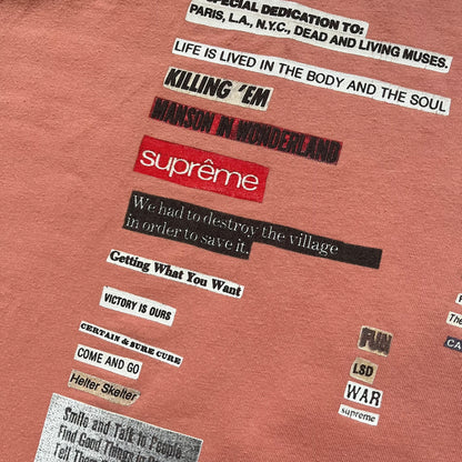 Supreme Cutouts FW18 Terra Cotta Tee is a terra-cotta colored T-shirt released on August 20, 2018, for the FW18 season. Made from 100% cotton, the front features a multicolor print composed of multiple cutouts of words and sentences. The design covers the front middle area of the shirt.
