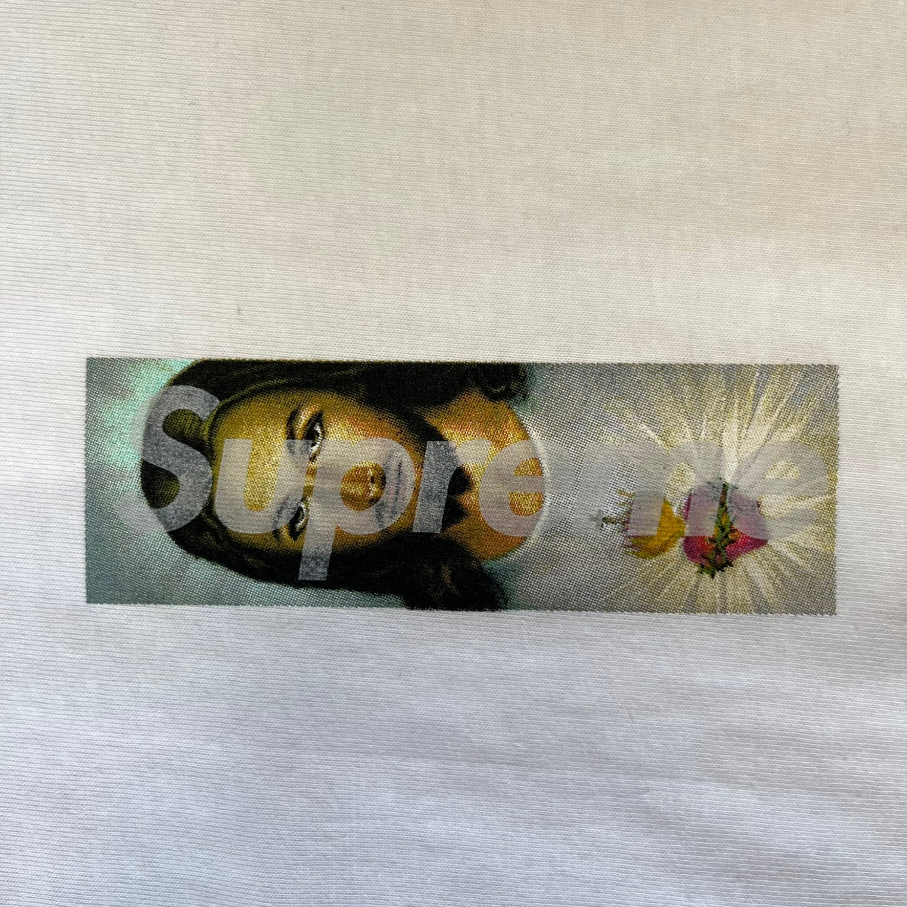 Supreme FW26 Prayer Card Jesus Box Logo White Tee features a white 100% cotton T-shirt with a vertical Supreme box logo graphic on the front. The Supreme text is printed lightly over a graphic depicting the Sacred Heart of Jesus. Made in Honduras.
