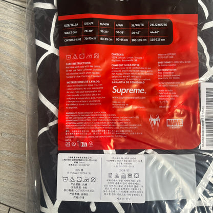 Supreme Hanes SS26 Spider-Man Black Boxer Briefs are made of cotton with a stretch fit. Features a black elastic waistband with white Supreme logo text and an all-over white web print. Classic Hanes base model a Spider-Man twist.