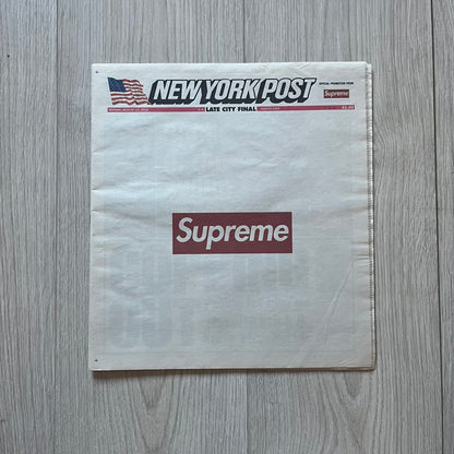 Supreme New York Post Newspaper “Late City Final Edition” from Fall/Winter 2018, released on August 13th, 2018. Features the iconic Supreme box logo printed on the cover (front and back). Includes the full original newspaper, with only the cover designed by Supreme.