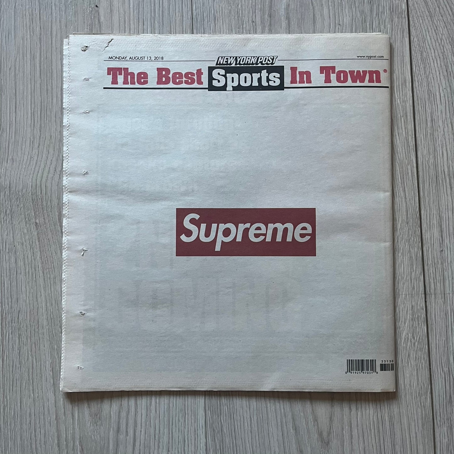 Supreme New York Post Newspaper “Late City Final Edition” from Fall/Winter 2018, released on August 13th, 2018. Features the iconic Supreme box logo printed on the cover (front and back). Includes the full original newspaper, with only the cover designed by Supreme.