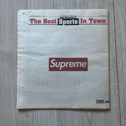 Supreme New York Post Newspaper “Late City Final Edition” from Fall/Winter 2018, released on August 13th, 2018. Features the iconic Supreme box logo printed on the cover (front and back). Includes the full original newspaper, with only the cover designed by Supreme.