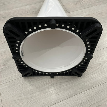 The Supreme Traffic Cone FW25 White features a clean white PVC body with a classic red Supreme box logo on the lower front. Designed for display purposes only, it sits on a black base and is not intended for use as a functional traffic marker. Released on October 16, 2025.