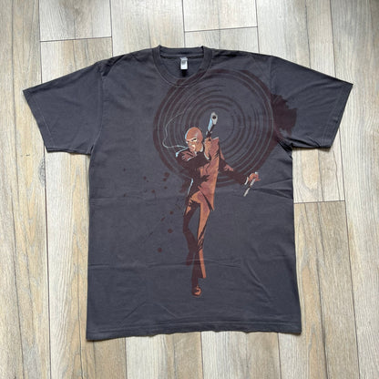 The Team Fortress 2 Red Spy 2010's Gray Tee is an official Valve shirt from the Sniper vs. Spy update, produced during Valve’s Amercian Apparel merch era. This charcoal gray tee features a red Spy character holding a butterfly knife and gun, set against a dark red target graphic with dripping effects. A super rare collectible, it represents one of the original Valve Store releases from over a decade ago.