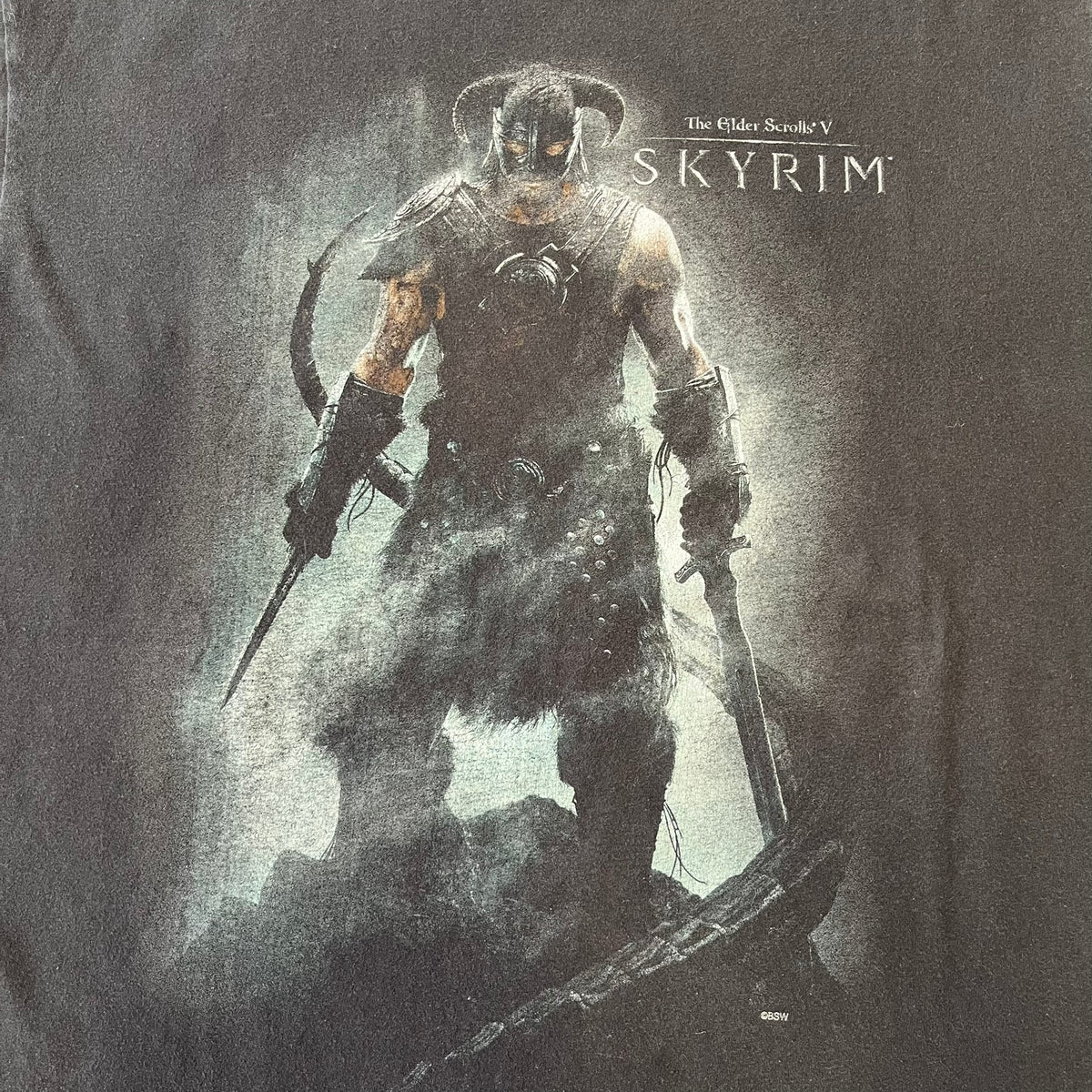 The Elder Scrolls V: Skyrim 2012 Dragonborn Tee features a black 100% cotton construction with the Dragonborn standing on top of a mountain, holding weapons and wearing a horned helmet. The Skyrim logo appears beside the character, with small white “@BSW” text underneath. Finished with a Bethesda licensed neck tag.
