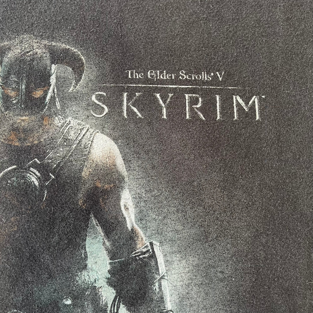 The Elder Scrolls V: Skyrim 2012 Dragonborn Tee features a black 100% cotton construction with the Dragonborn standing on top of a mountain, holding weapons and wearing a horned helmet. The Skyrim logo appears beside the character, with small white “@BSW” text underneath. Finished with a Bethesda licensed neck tag.
