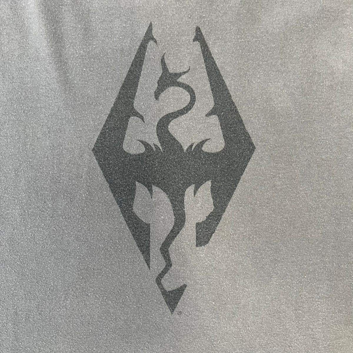 The Elder Scrolls V: Skyrim Premium Edition Tee comes from the 2012 Premium release of the game. Dark gray design with the Skyrim dragon logo printed on the front chest. The upper back has the full “The Elder Scrolls V: Skyrim” text. On the left sleeve there is a text in Dragon language. Made on a Gildan blank.