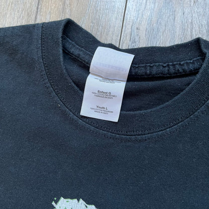 WWE D-Generation X 2000s Black Tee is a black short-sleeve T-shirt made on a Gildan blank in the early 2000s. The front features a D-Generation X logo with a large black “X” outlined in white glow and subtle green, topped with white “D” and green “Generation” text. This shirt was released as official WWE merchandise during the 2000s.