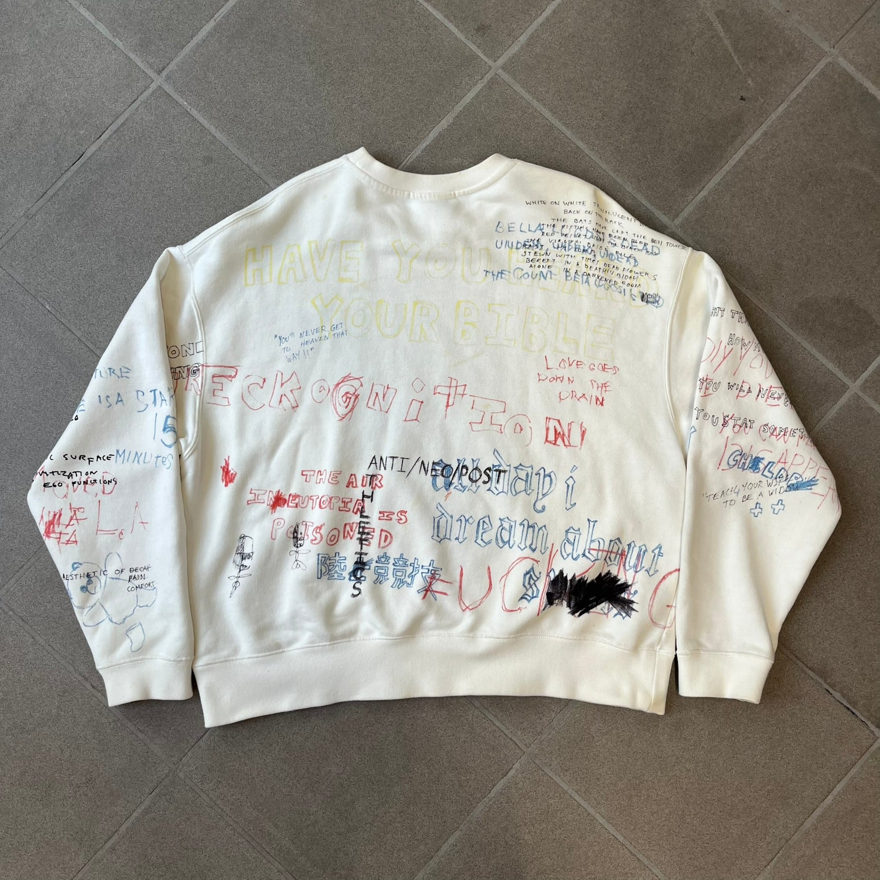 Yeezy Season 5 Scribbled Adidas Crewneck by ERD features an oversized, boxy silhouette in the Arctic colorway. The 100% cotton Adidas crewneck has handwritten-style printed graphics and phrases across the garment, including a embroidered Adidas Three Stripes logo on the chest. It was made in Italy and designed by Henri Alexander Levy from Enfants Riches Déprimés.
