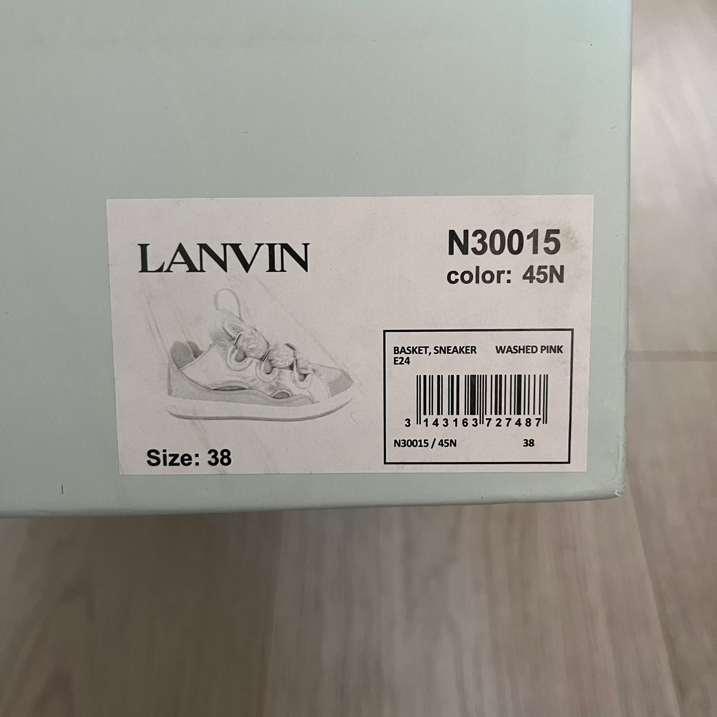 LANVIN product label with size and color information on a white background
