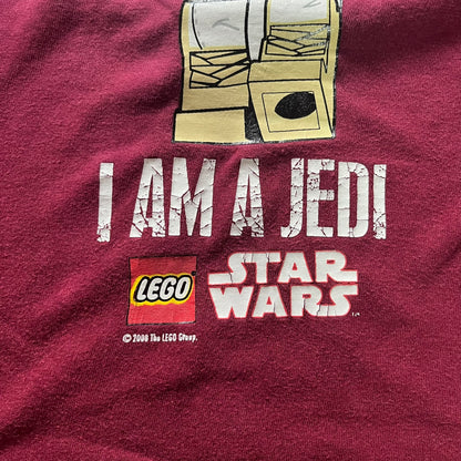 Maroon t-shirt with 'I AM A JEDI' and LEGO Star Wars text, tag visible.