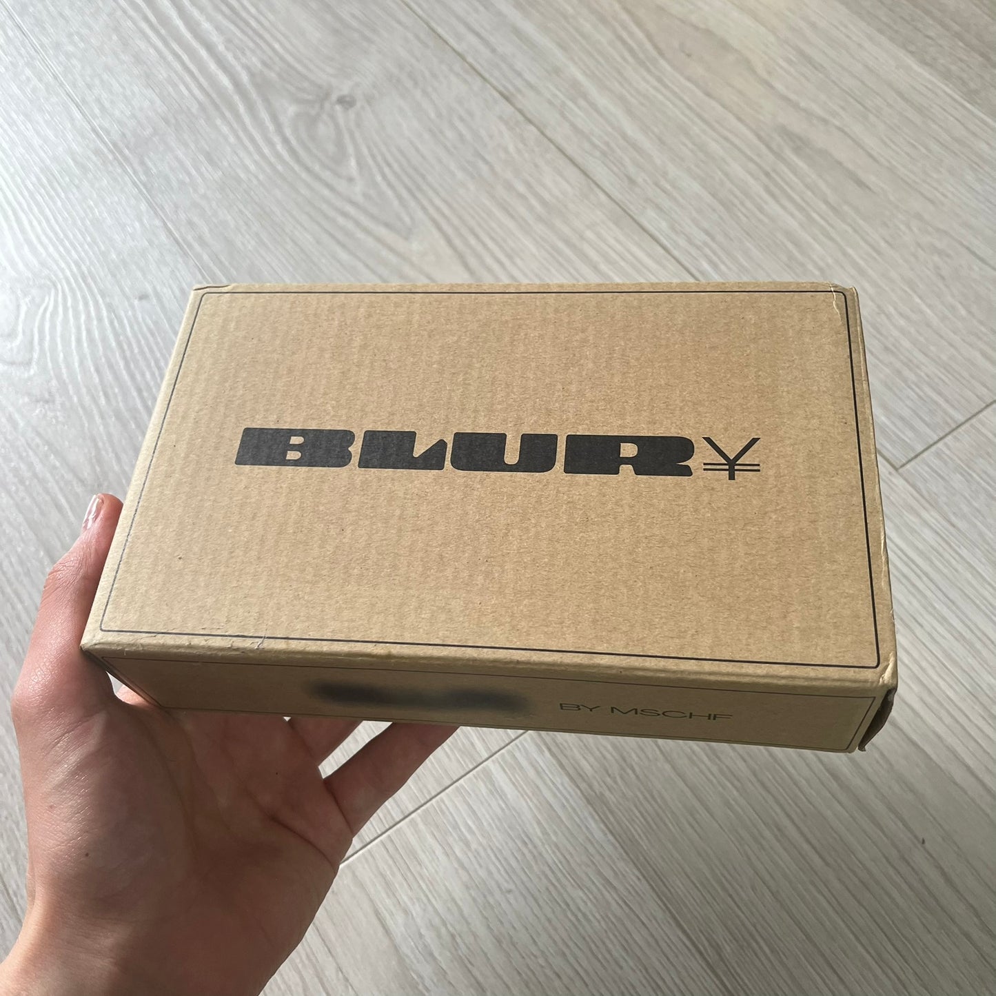 Cardboard box with 'BLUR' branding held by a hand on a light wooden floor.