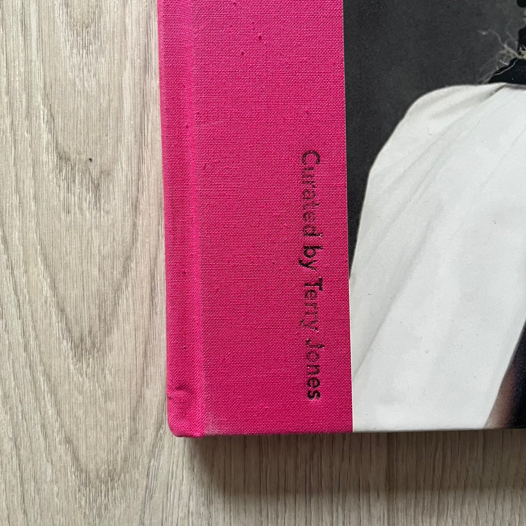 Pink book with 'Curated by Terry Jones' text on a wooden surface