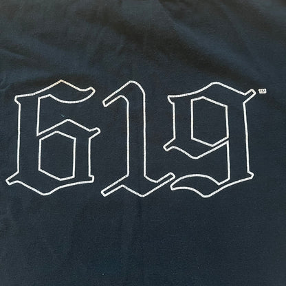 White '619' logo on a black background
